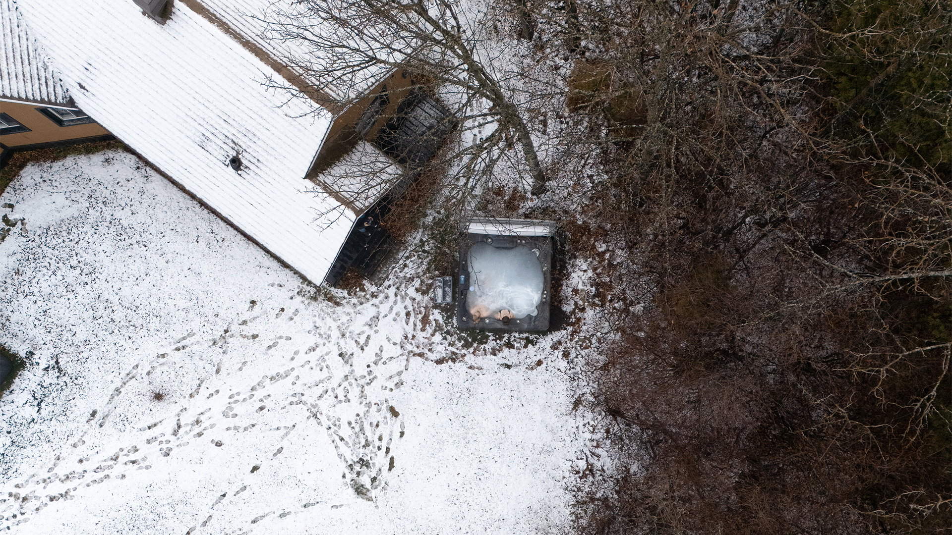 Chalet 16 – cuisine moderne, salle à manger conviviale avec grande fenêtre donnant sur l'extérieur, et thermopompe pour un confort optimal.