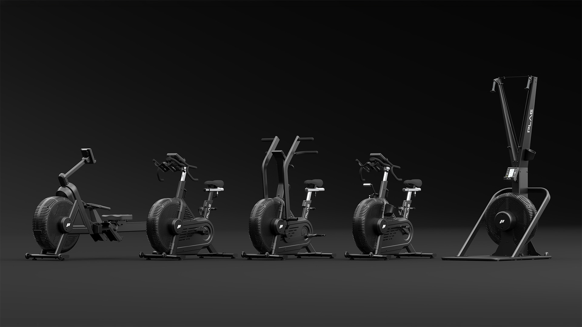 PLAE AIR collection of five black exercise machines including rowing and stationary bikes lined up against a dark background.