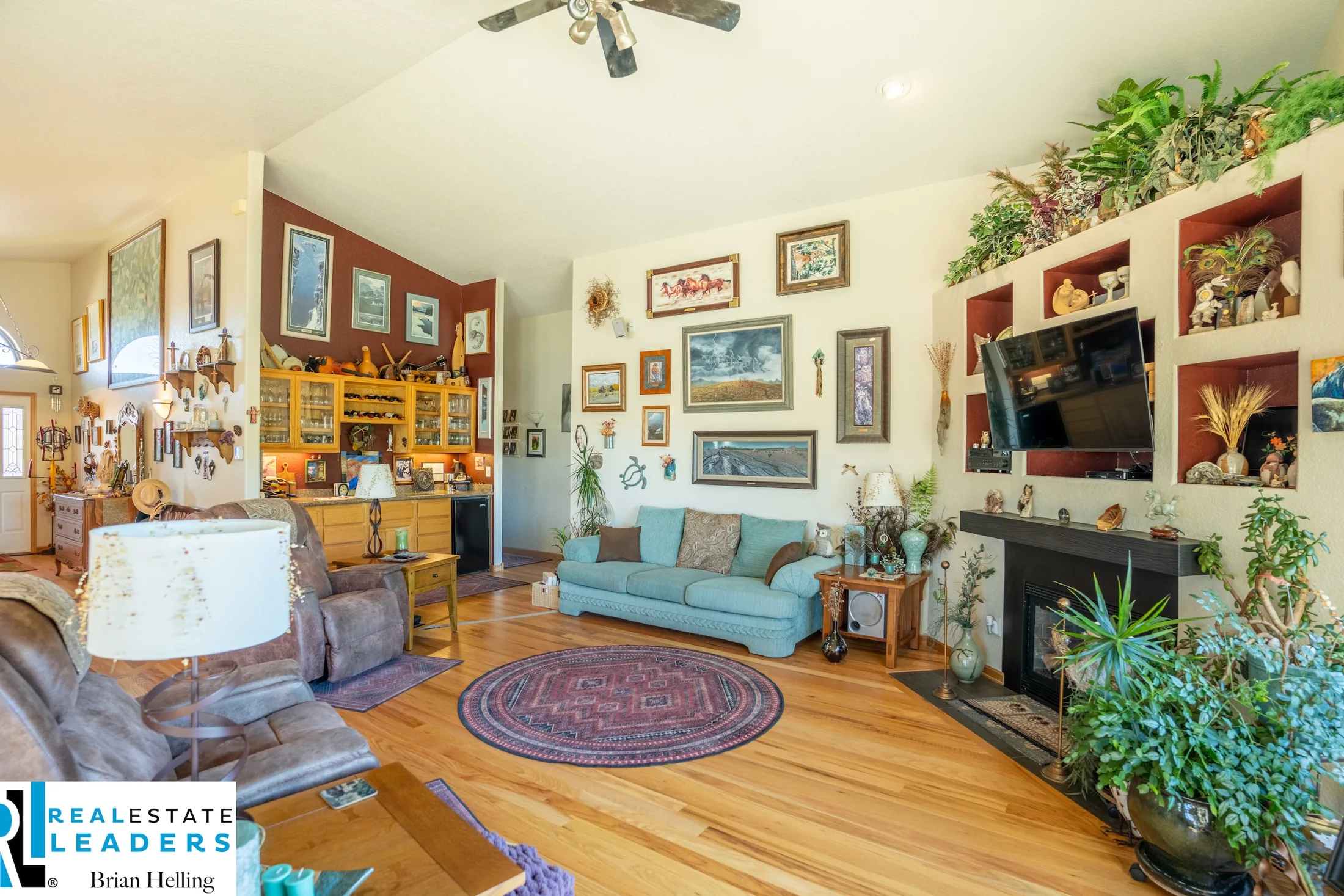 Living room seating and warm wood floors