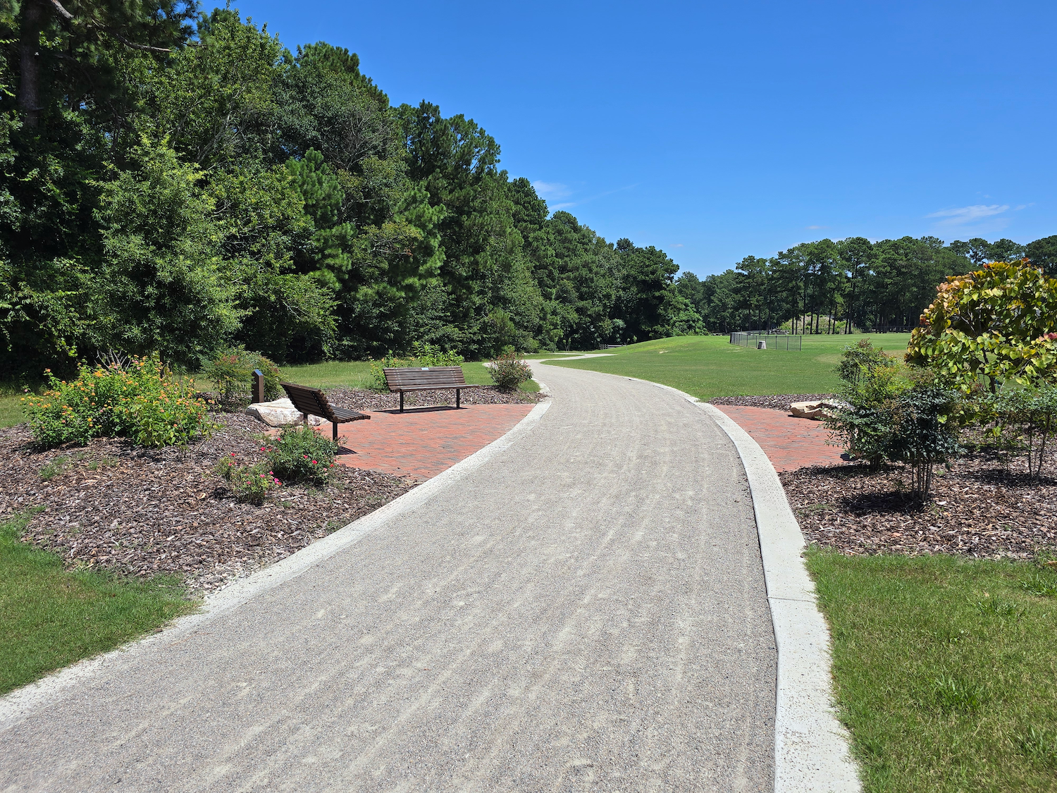 Trail and benches at Hardee Lane Park in Whispering Pines, NC — recreation design by Longitude Planning Group.