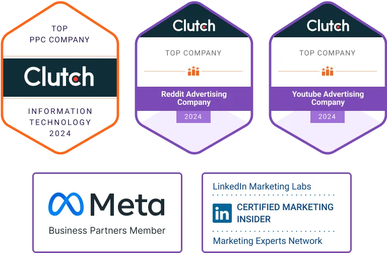 Group of Aimers Badges from Clutch, Meta, and LinkedIn