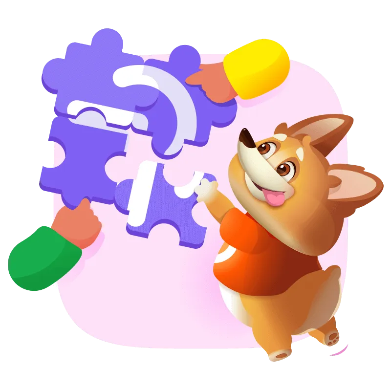 Cartoon dog in orange shirt collaborating with others to assemble purple puzzle pieces.