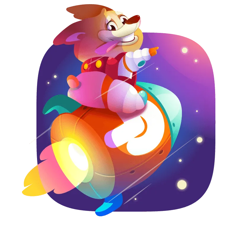 Cartoon corgi dog in a space suit riding a rocket through outer space, pointing forward.