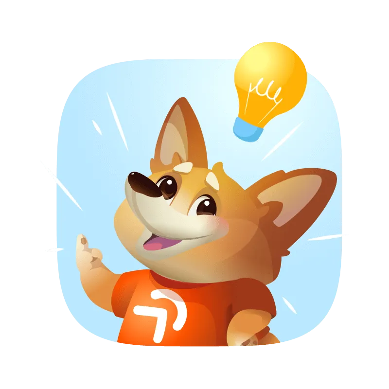 Cartoon fox wearing an orange shirt with a white logo, smiling and pointing upward with a glowing light bulb above its head.