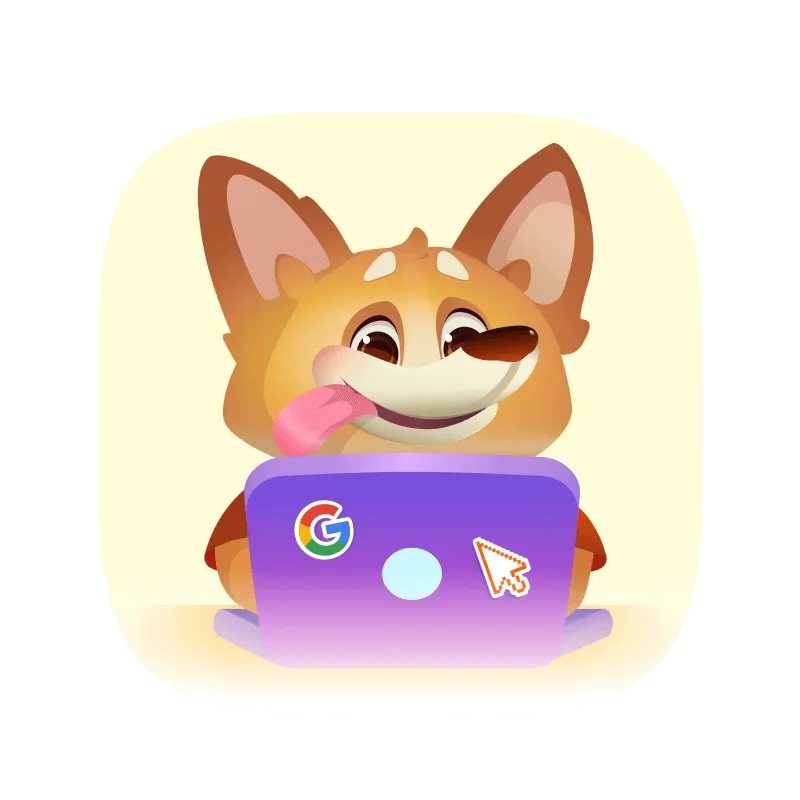 Cartoon orange dog smiling with tongue out, sitting behind a purple laptop with Google and cursor stickers.