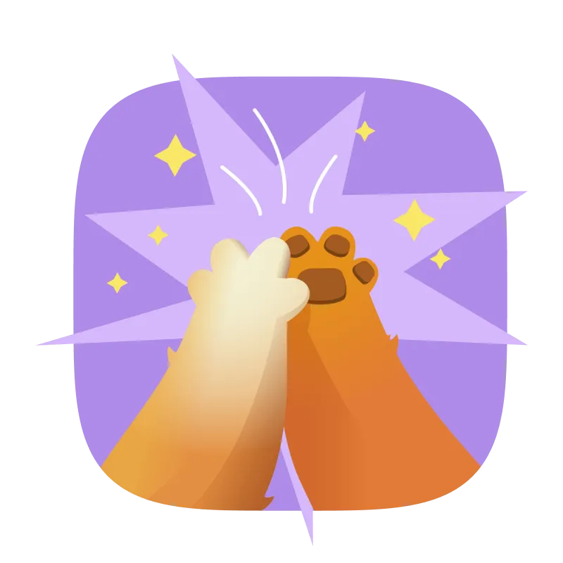 Illustration of two raised animal paws giving a high five with a purple starburst and sparkles in the background.