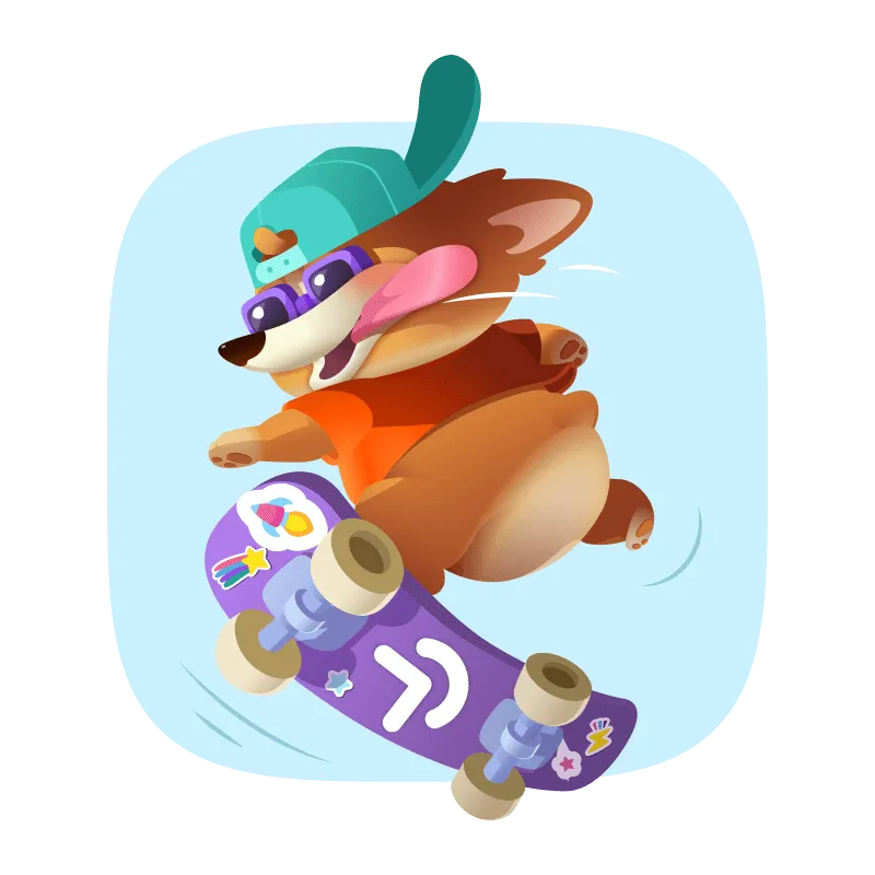 Cartoon dog wearing a blue backward cap and sunglasses performing a skateboard trick on a purple skateboard with colorful stickers.