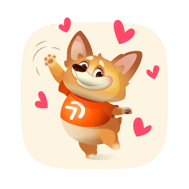 Cheerful cartoon corgi dog wearing an orange shirt waving with pink hearts around.
