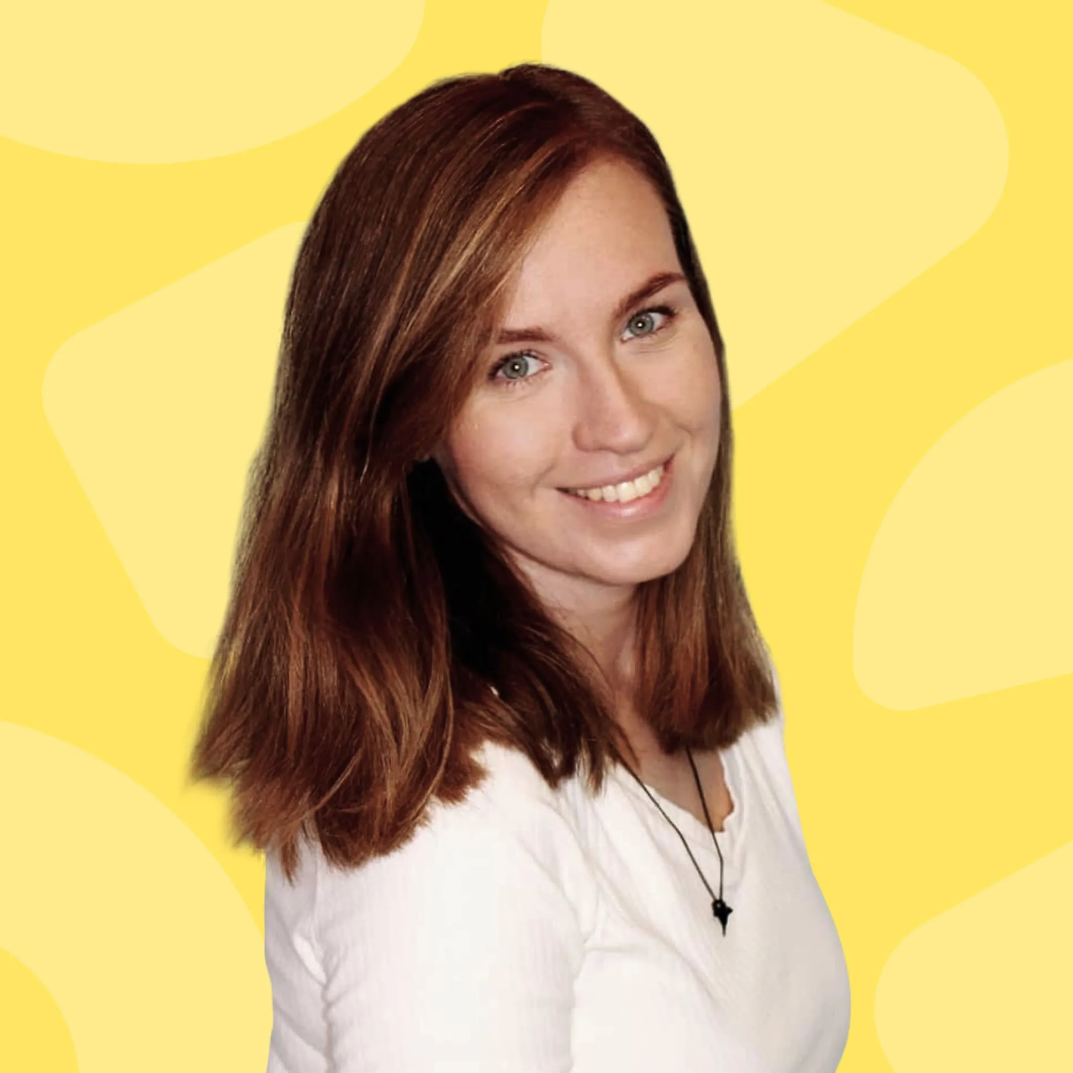 Smiling woman with shoulder-length brown hair wearing a white shirt and a black pendant necklace against a yellow abstract background.