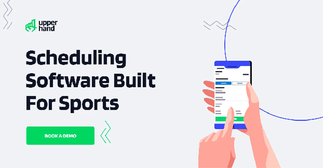 Illustration of hands holding and interacting with a smartphone next to text reading 'Scheduling Software Built For Sports' and a green button labeled 'Book a Demo' with the Upper Hand logo above the text.