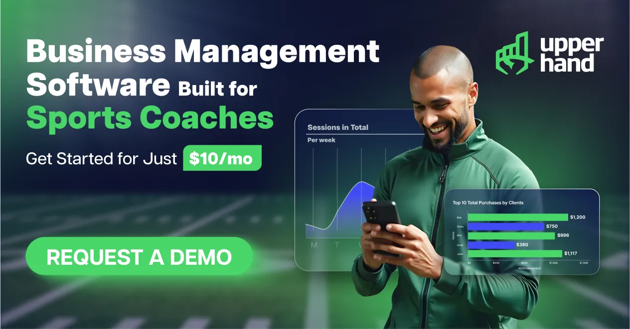 Smiling man in green sportswear using a smartphone, with sports coaching software graphs and a call to action for a demo at $10 per month.