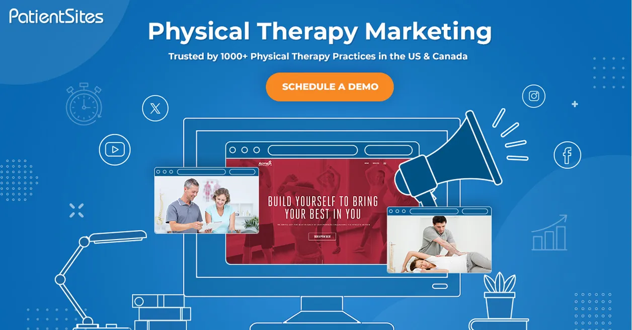 PatientSites advertisement for physical therapy marketing with a call-to-action button to schedule a demo, featuring images of physical therapy sessions and social media icons on a blue background.