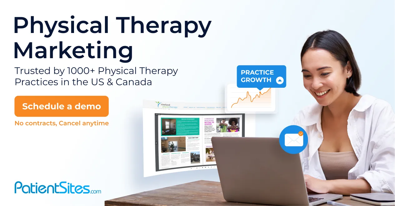 Smiling woman working on a laptop with marketing charts and website previews alongside text about physical therapy marketing trusted by 1000+ practices in the US and Canada.