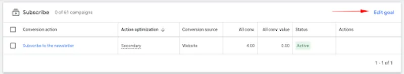 Select the desired conversion and click “Edit goal”