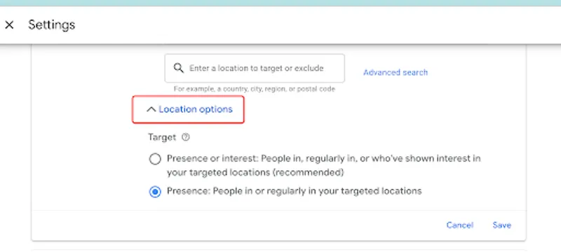 At the campaign level, the location option is set to "Presence: People in or regularly in your targeted locations"