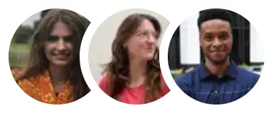 Profile photos of three smiling individuals in circular frames: a woman with long brown hair in an orange top, a woman with glasses and brown hair wearing a pink top, and a man with short hair in a blue shirt.