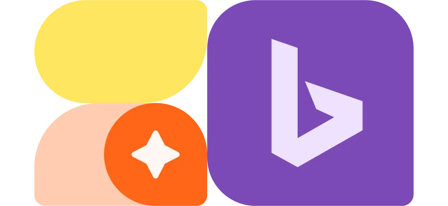 Purple rounded square with a white stylized lowercase 'b' representing the Bing logo, alongside overlapping shapes in yellow, peach, and orange with a white star icon.