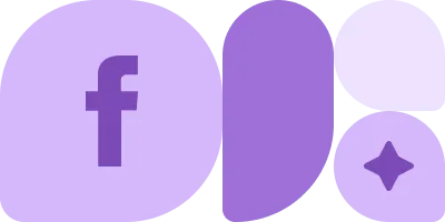 Stylized Facebook logo in various shades of purple with abstract rounded shapes.
