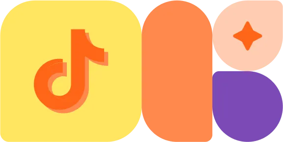 Stylized TikTok logo with orange, yellow, peach, and purple geometric shapes.