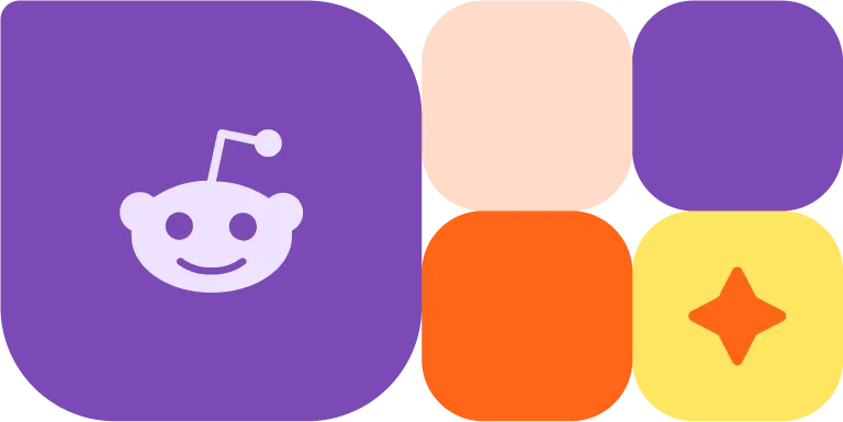 Purple rounded square with white Reddit alien logo and adjacent multicolored rounded squares in peach, purple, orange, and yellow with a star shape.
