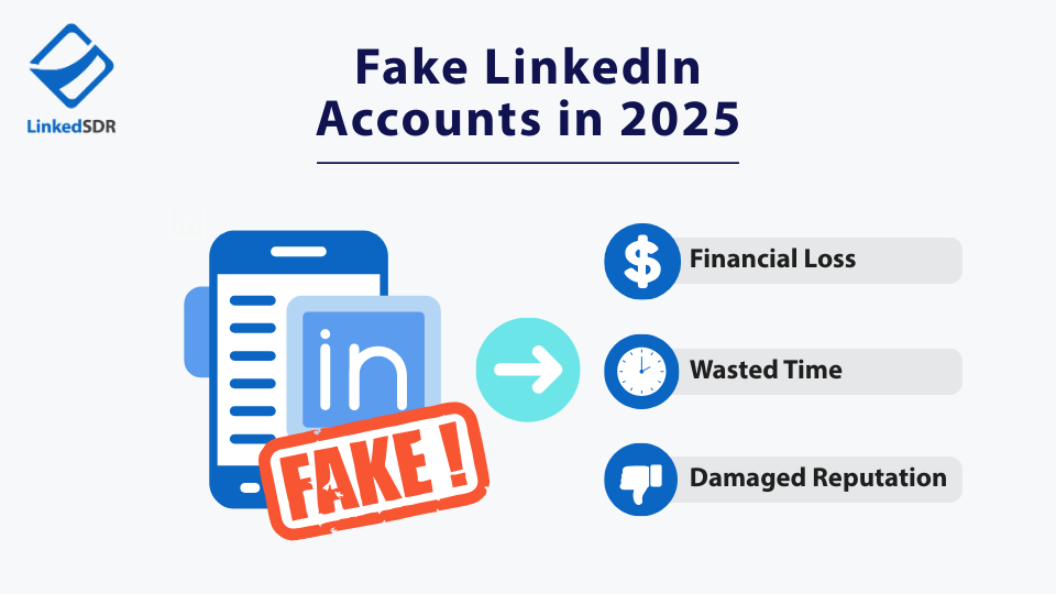 Fake LinkedIn accounts in 2025 infographic showing banned profile with risks:financial loss,wasted time,reputation damage