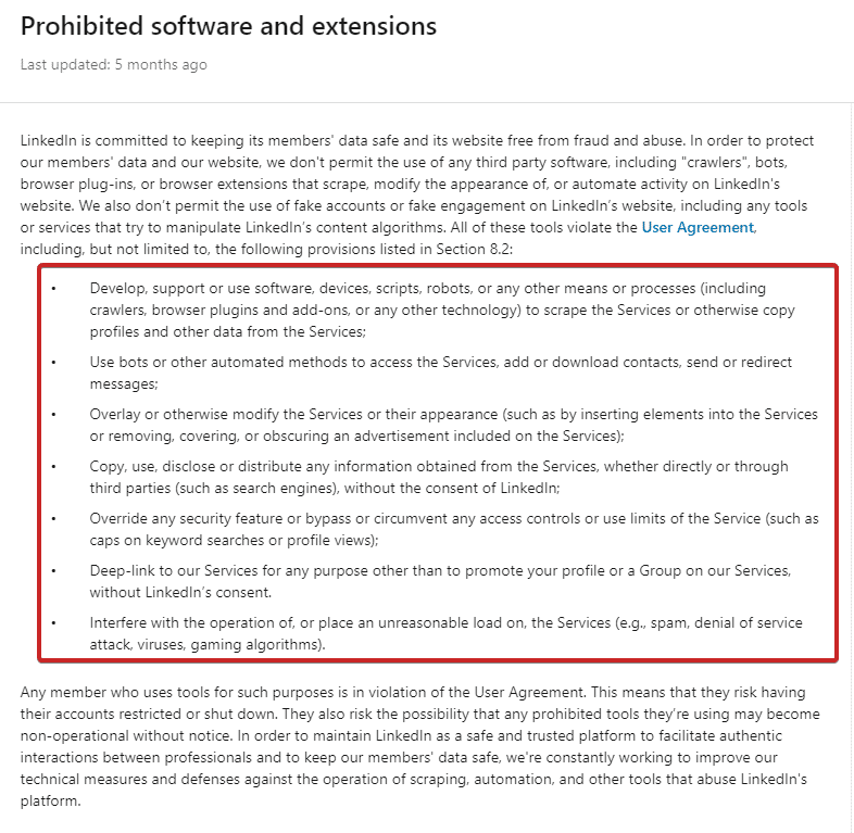 LinkedIn prohibited software and extensions