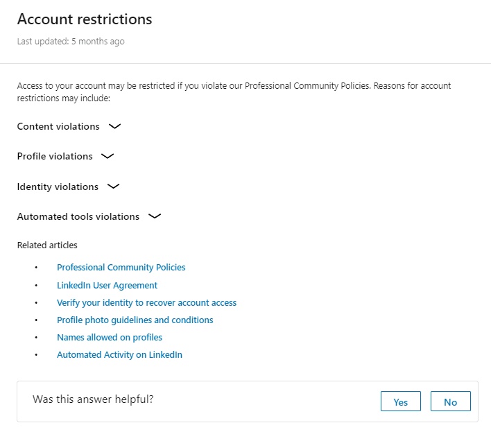 LinkedIn account restriction violations