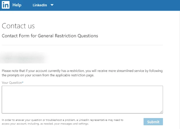 LinkedIn restriction questions contact form