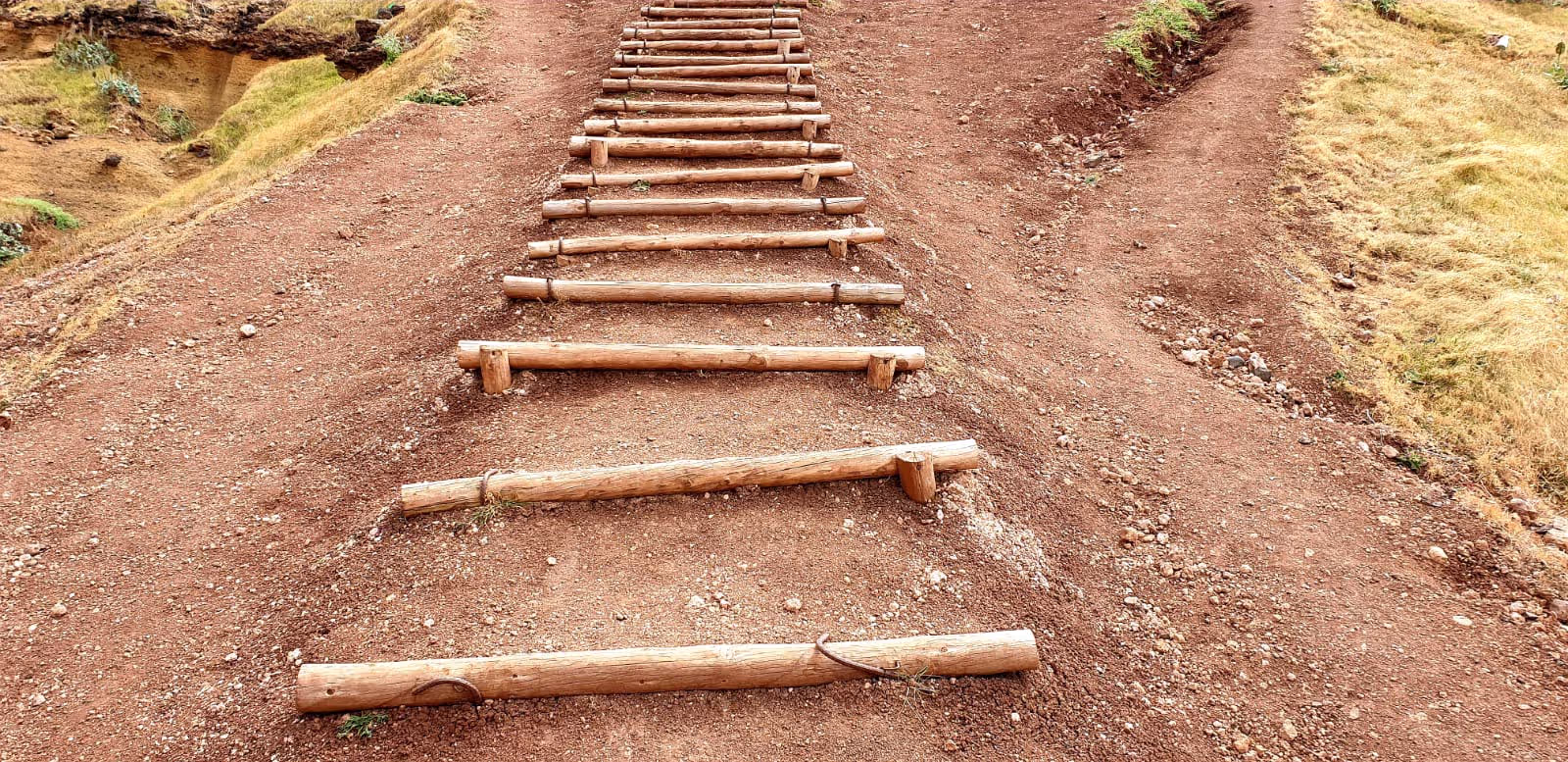 Wooden steps going up a cliff in Ponta de São Lourenço (PR8)