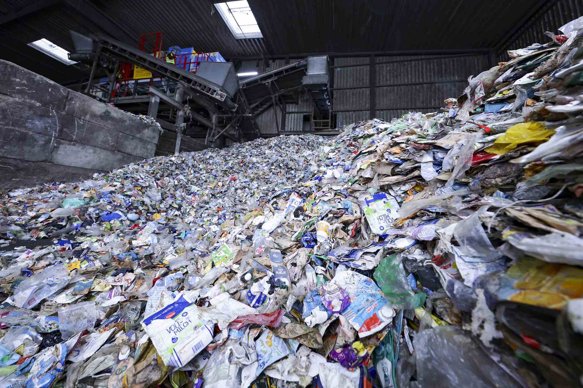 Flexible plastic packaging waste at a sorting and recycling facility