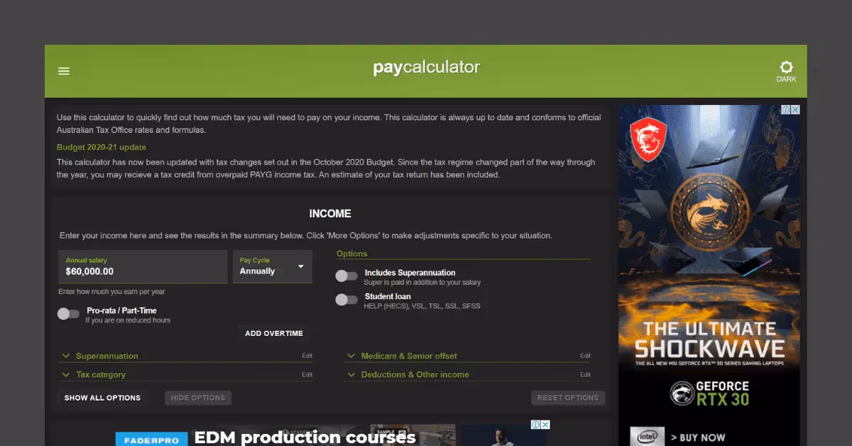 Page d'accueil du site Paycalculator