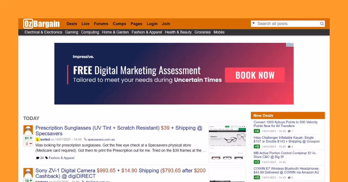 Homepage van de OzBargain-website