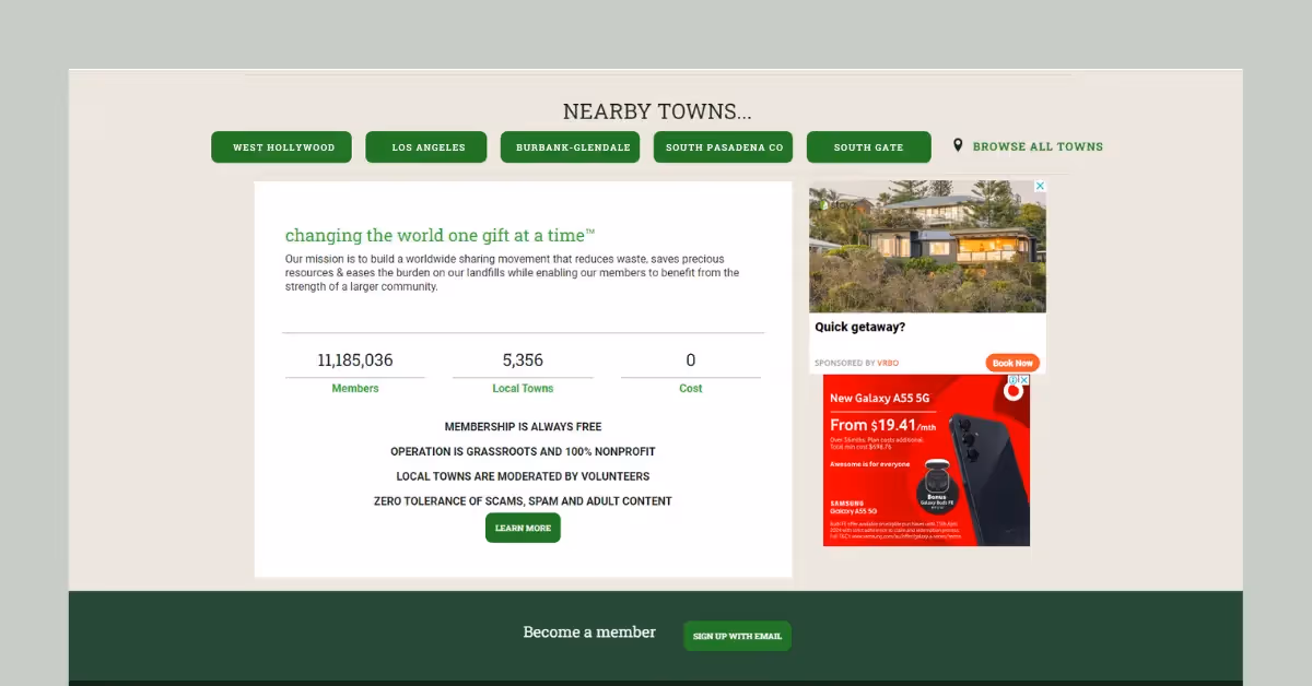 Une capture d'écran de la page d'accueil de freecycle.org.