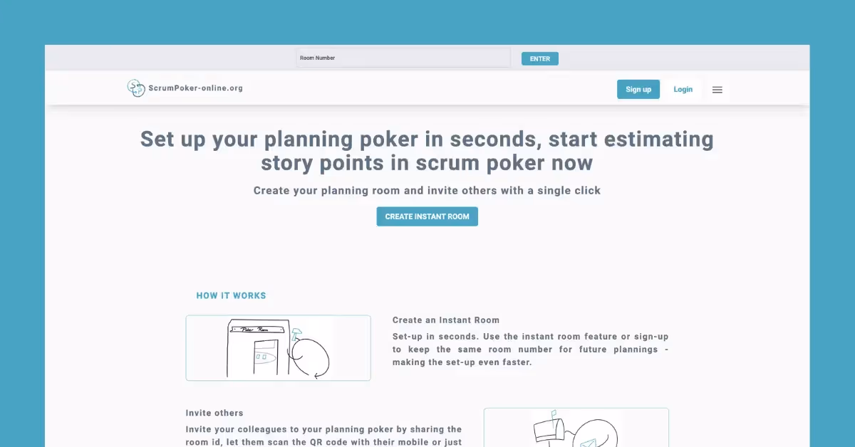 Een screenshot van de startpagina van ScrumPoker-online.or.