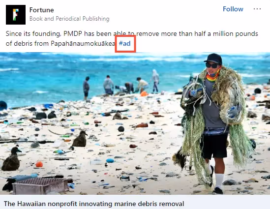 Captura de pantalla de la página de LinkedIn de Fortune que promociona el vídeo que muestra la Iniciativa de Limpieza de Océanos del PDMP.