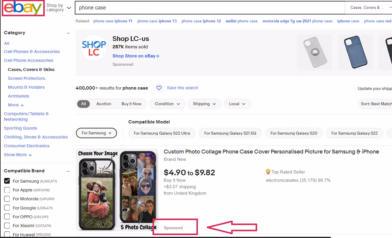Una captura de pantalla de una lista de recomendaciones de contenido encontrada en eBay, que muestra contenido patrocinado para fundas de teléfonos.