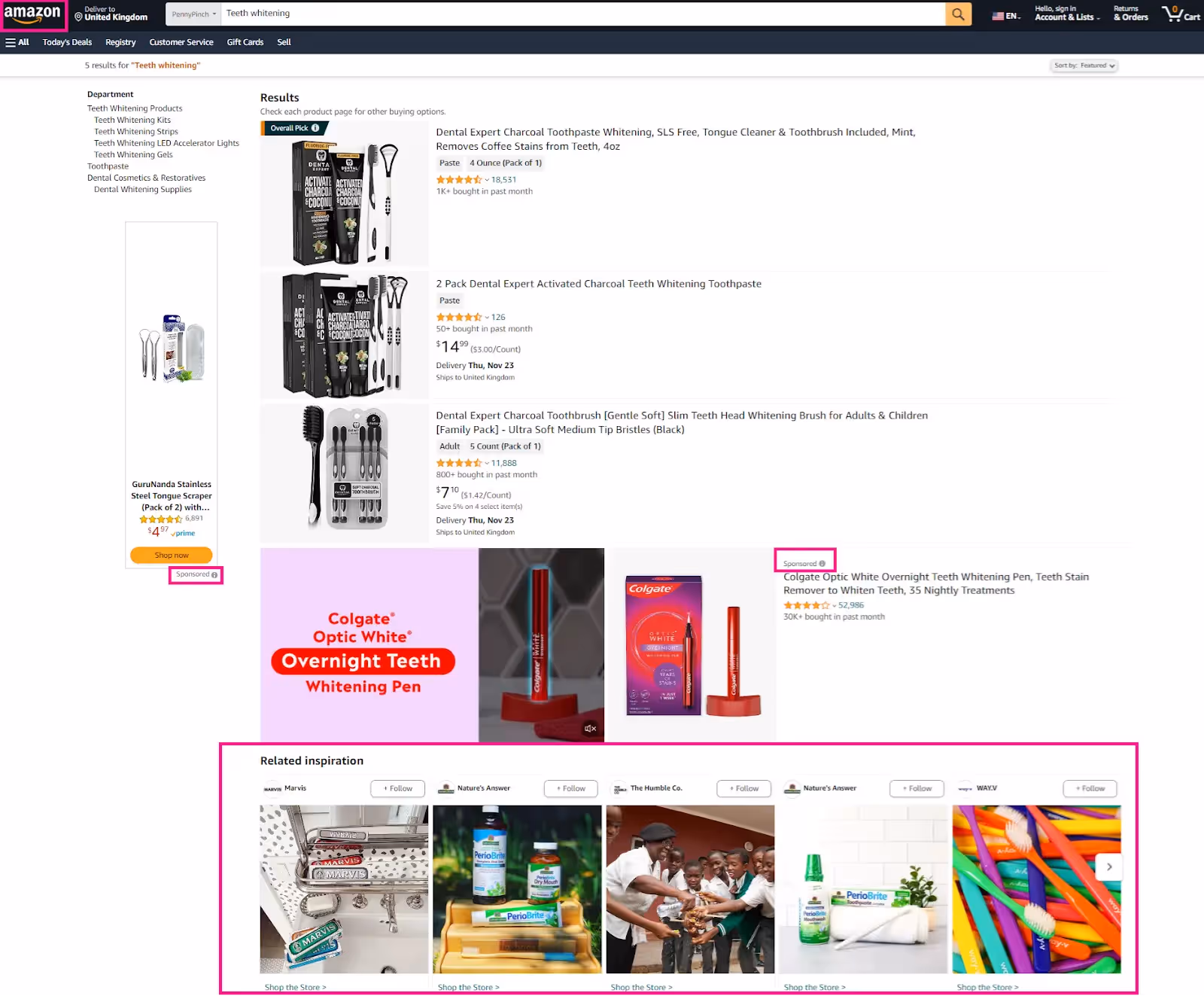 Una captura de pantalla de un widget de recomendación de contenido que se encuentra en Amazon y que muestra anuncios atractivos de productos para blanquear los dientes.