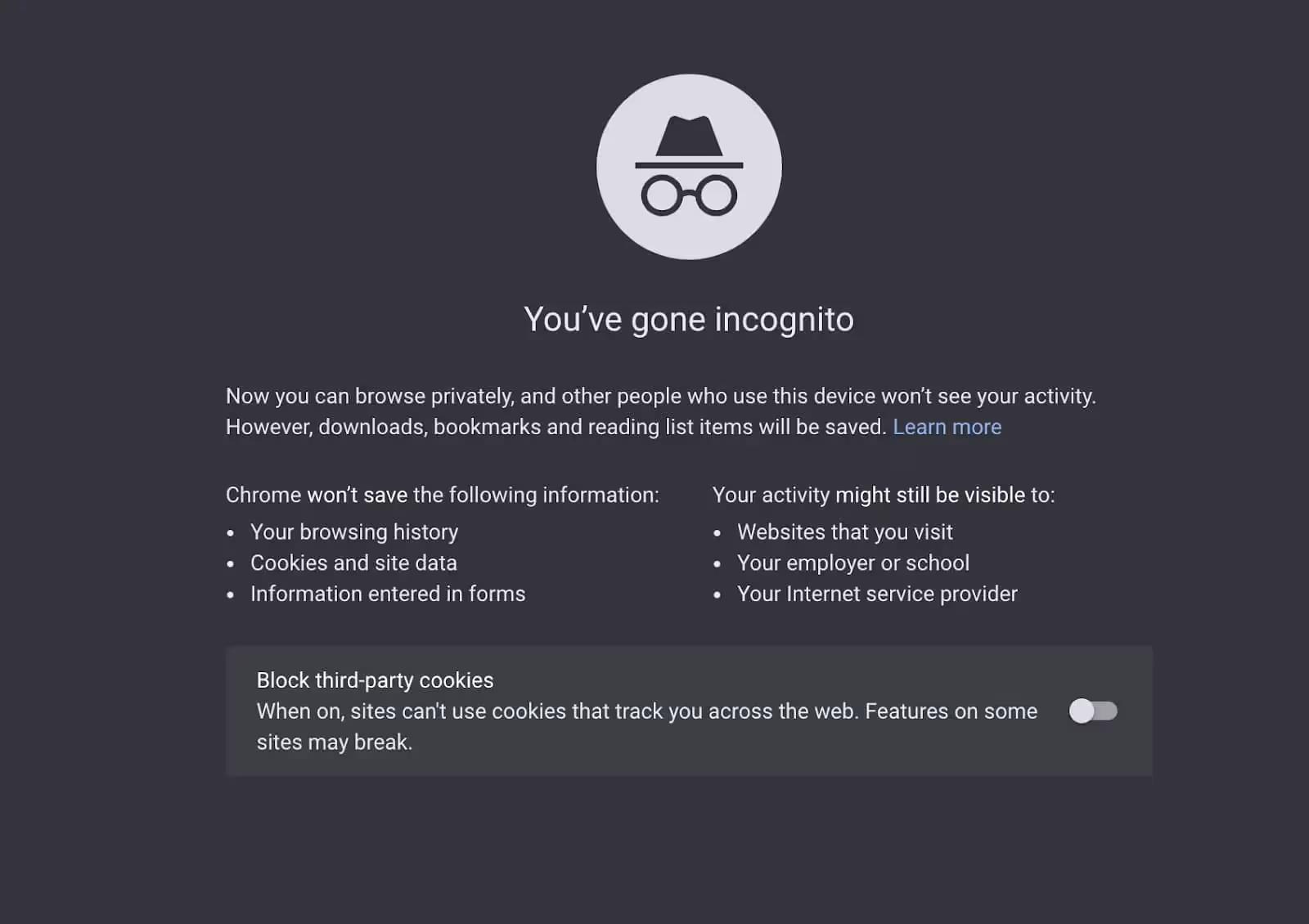 Inkognito-Modus mit Option zum Blockieren von Cookies von Drittanbietern in Google Chrome