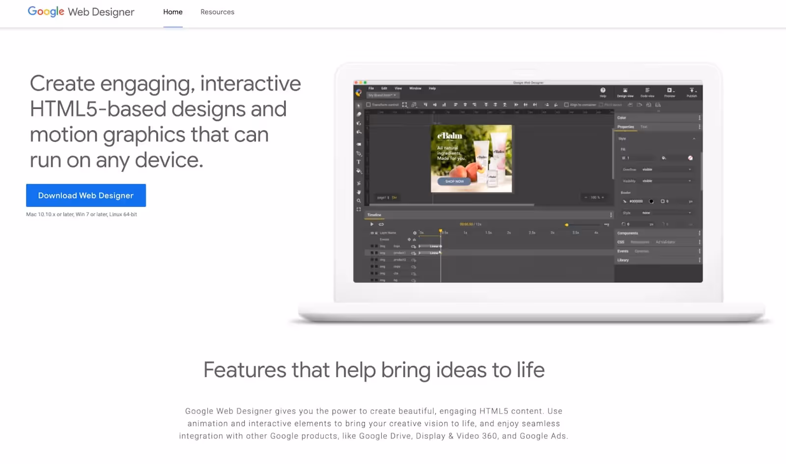 Startseite von Google Web Designer
