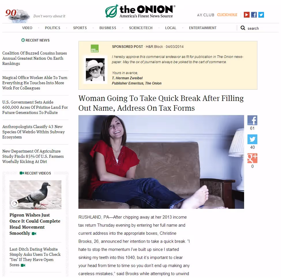 Beispiel für Native Advertising auf The Onion