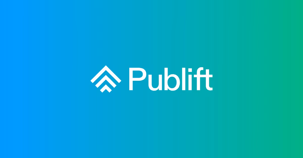 A white logo, featuring an upward-pointing arrow-like shape and the word "Publift," is displayed against a teal-to-green gradient background