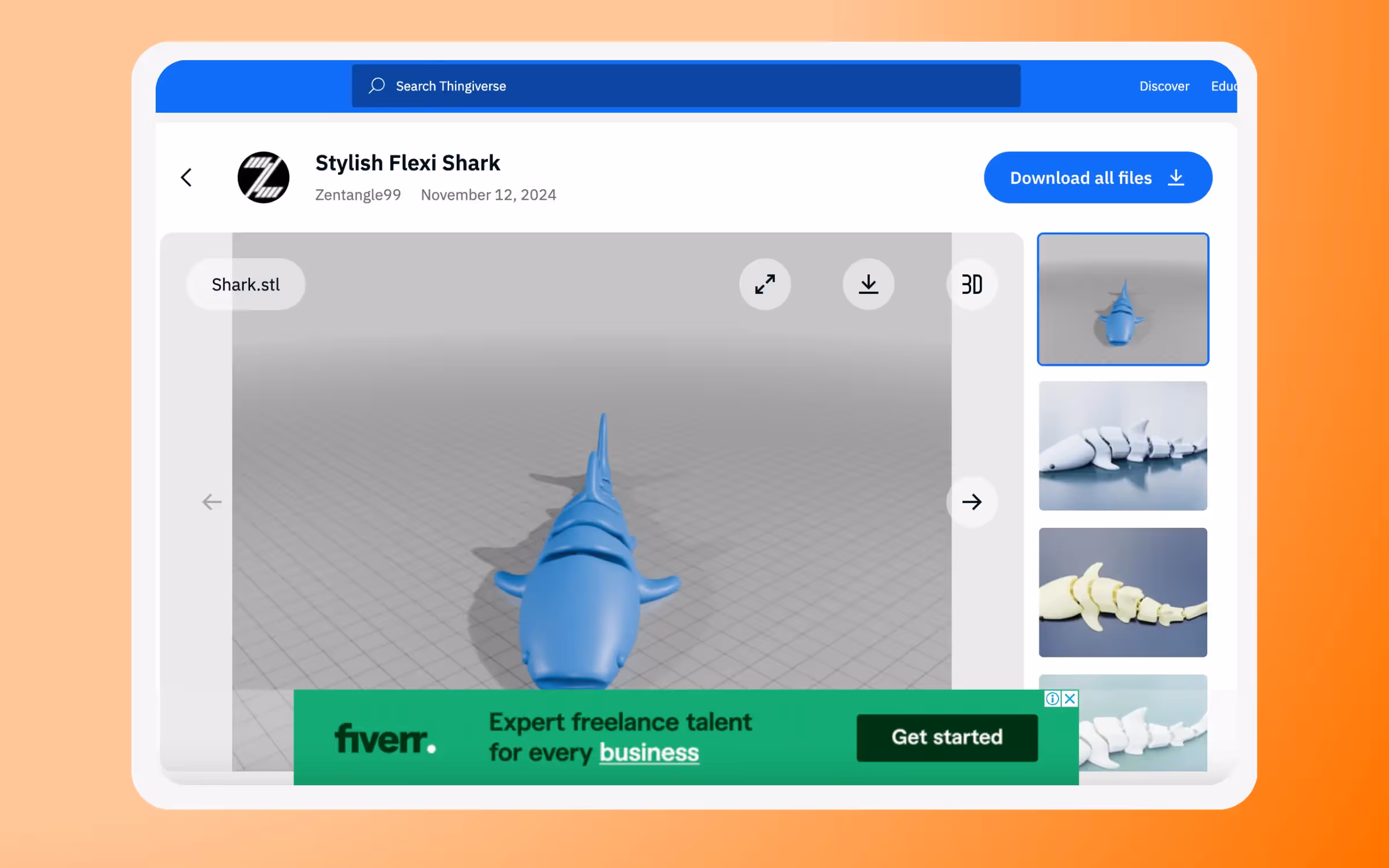 Sticky footer op de site van Thingiverse.
