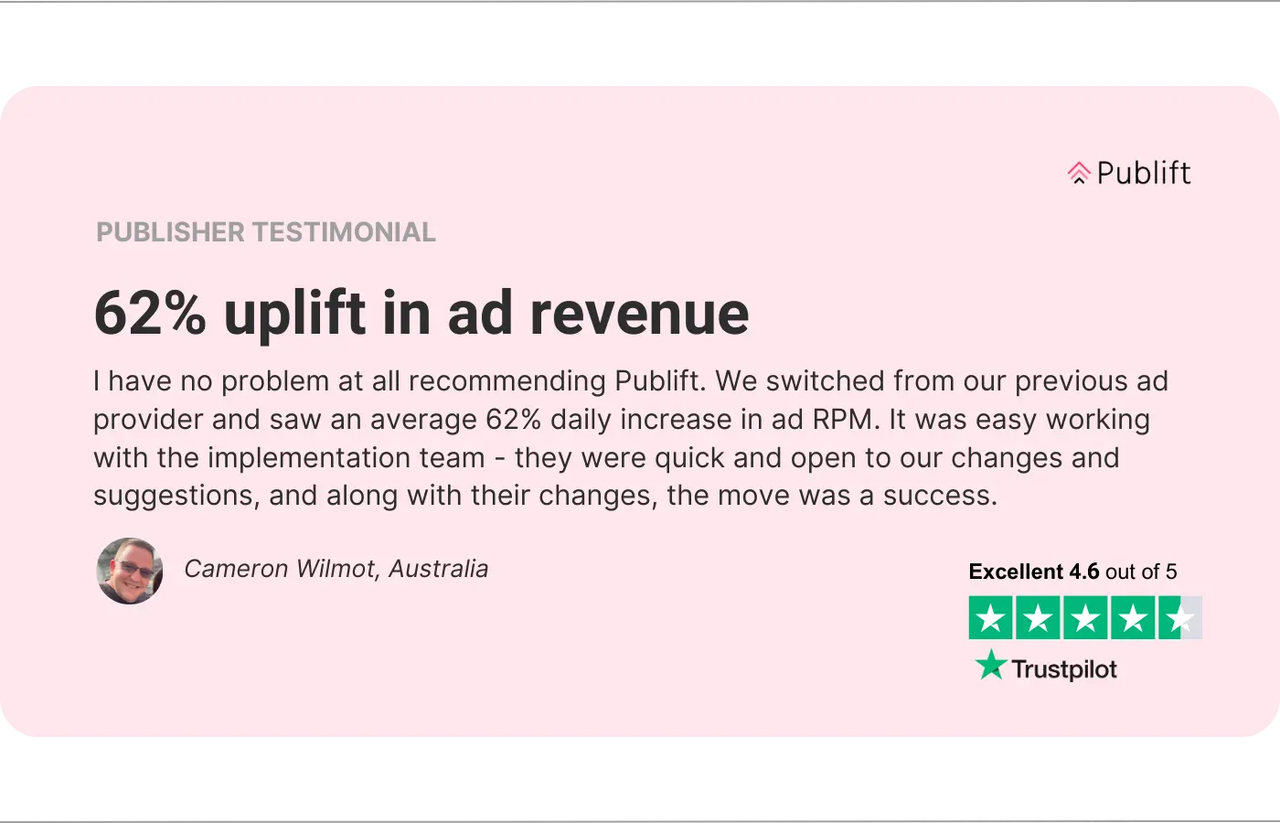 Ein Bild mit einem Erfahrungsbericht eines Herausgebers. Die Rezension lautet: „62 % Steigerung der Werbeeinnahmen. Ich kann Publift uneingeschränkt empfehlen. Wir sind von unserem vorherigen Anzeigenanbieter gewechselt und konnten eine durchschnittliche tägliche Steigerung der Anzeigen-RPM um 62 % verzeichnen. Die Zusammenarbeit mit dem Implementierungsteam verlief reibungslos – sie waren schnell und offen für unsere Änderungen und Vorschläge, und zusammen mit ihren Änderungen war der Wechsel ein Erfolg. – Cameron Wilmot, Australien.