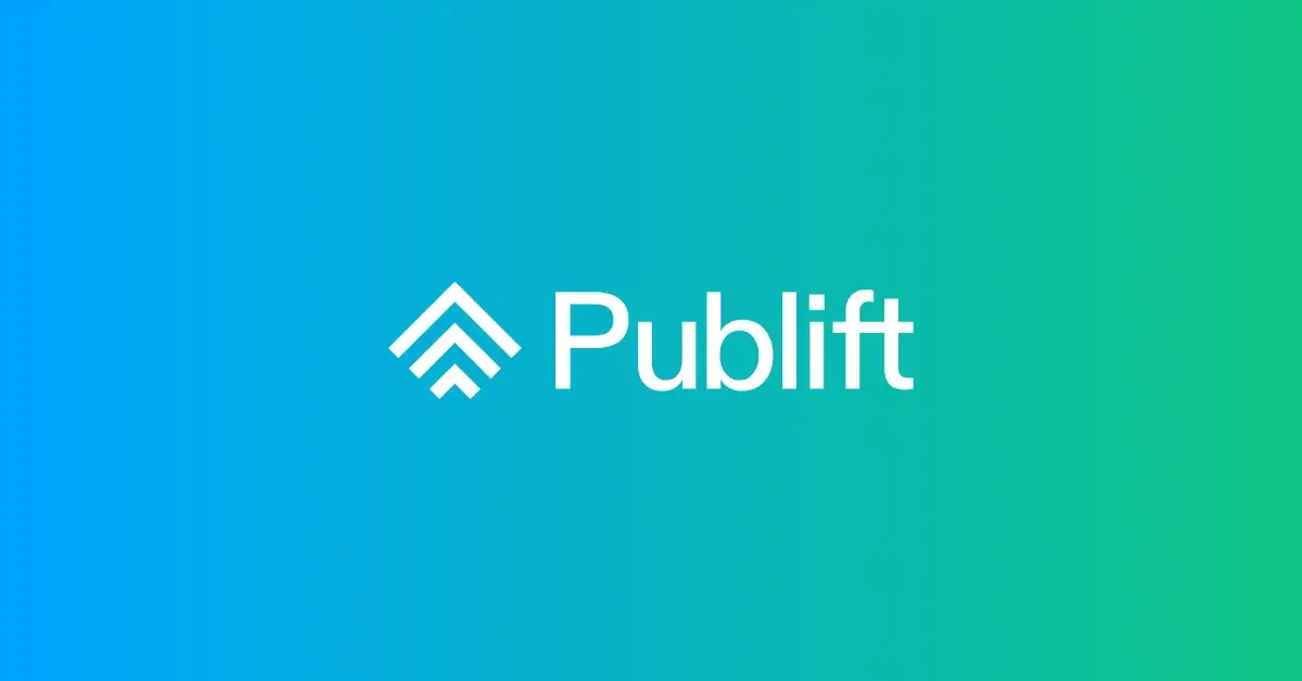 A white logo, featuring an upward-pointing arrow-like shape and the word "Publift," is displayed against a teal-to-green gradient background