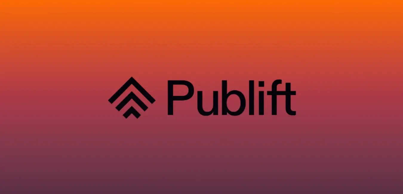 A white logo, featuring an upward-pointing arrow-like shape and the word "Publift," is displayed against a teal-to-green gradient background