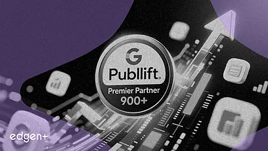 A white logo, featuring an upward-pointing arrow-like shape and the word "Publift," is displayed against a teal-to-green gradient background