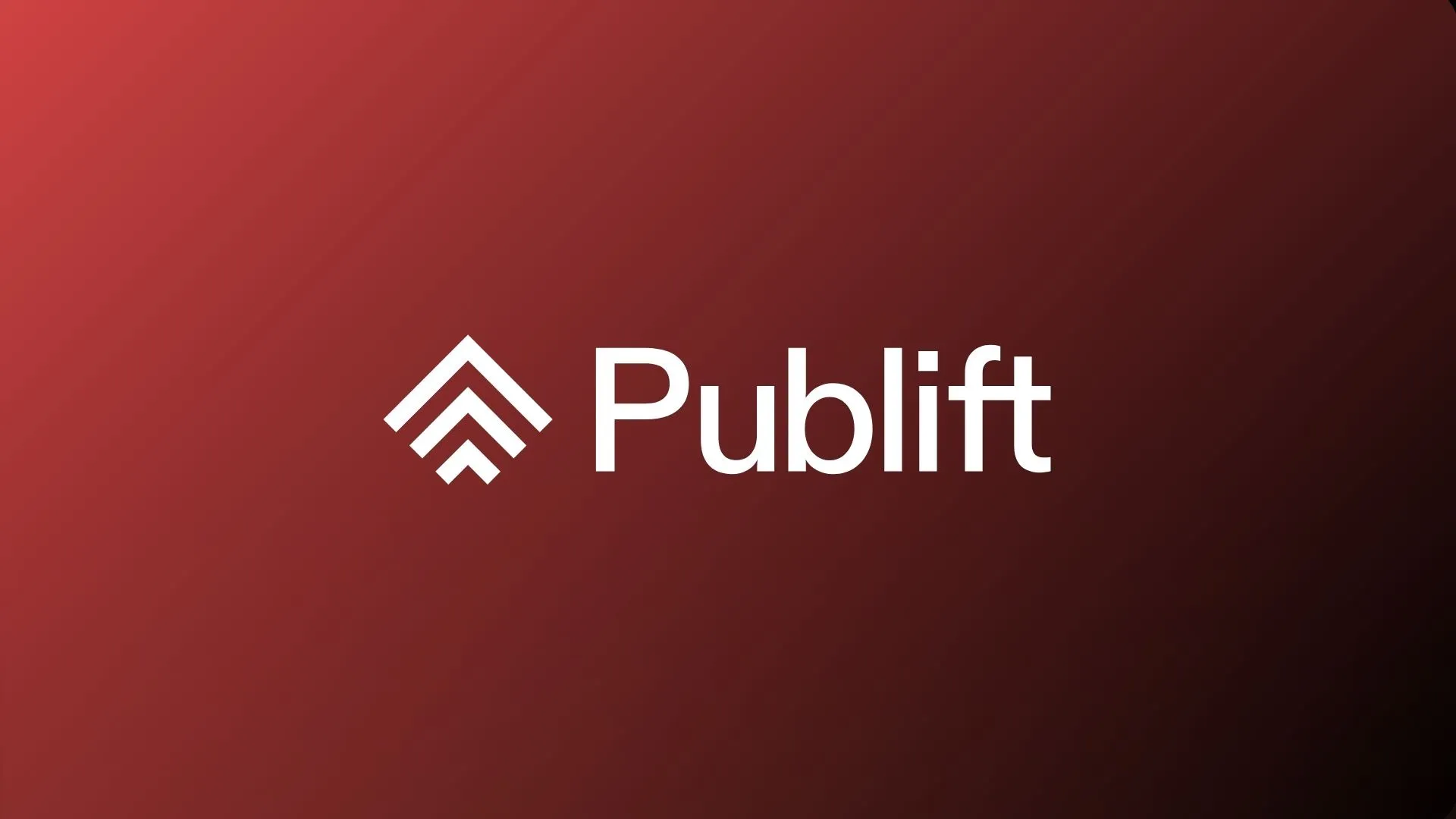 A white logo, featuring an upward-pointing arrow-like shape and the word "Publift," is displayed against a teal-to-green gradient background