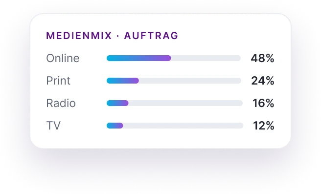 Medienmix eines Auftrags über Online, Print, Radio und TV