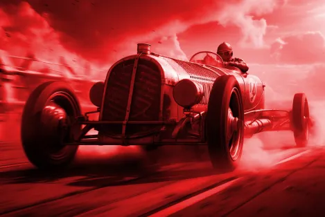 A vintage racing car leading the pack, representative of immediacy of thought and interdisciplinary design 