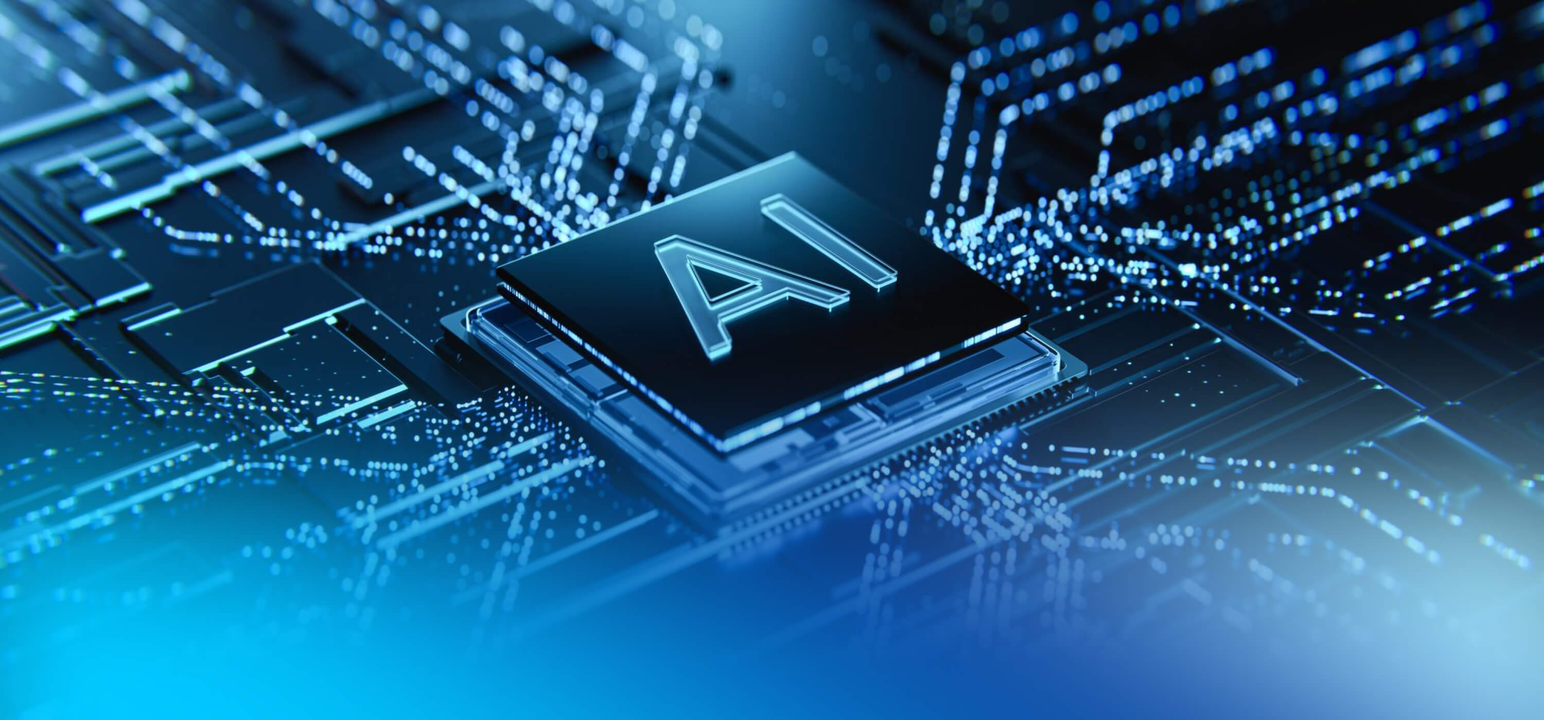 A computer AI chip in the middle of a digital depiction of a motherboard